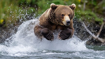 A dynamic photograph of a brown bear catching a salmon in mid-air as it leaps from a rushing river. The bear&acirc;&euro;&trade;s powerful muscles and the splash of water create a dramatic and action-packed scene