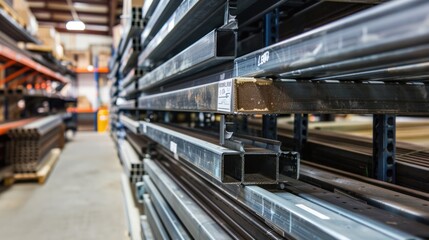 Fototapeta premium Stacked Metal Bars in a Warehouse