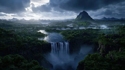 Obraz premium Majestic waterfall cascading into lush green valley, surrounded by mountains and dramatic dark clouds. scene evokes sense of mystery and tranquility