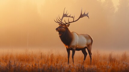 Obraz premium A serene photograph of a solitary elk standing in a misty meadow at dawn. The elkâ€™s impressive antlers and calm demeanor are illuminated by the soft, golden light of the early morning, creating a