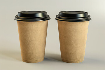 Two disposable coffee cups with black lids on a beige background