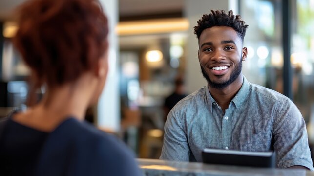 Friendly Reception Worker Greeting Customer in Uniform
