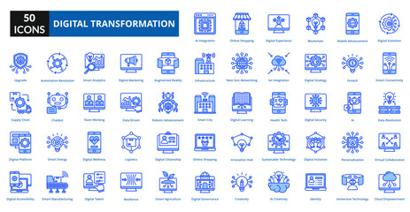 Digital Transformation blue icon collection set. Includes evolution, progress, technology, transformation, digital, information, concept, innovation
