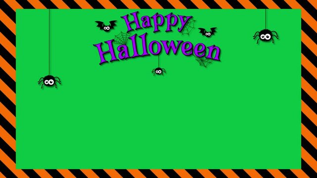 happy halloween frame with bats and spiders nets party invitation card on green background animation, halloween spooky elements motion overlay social media design element