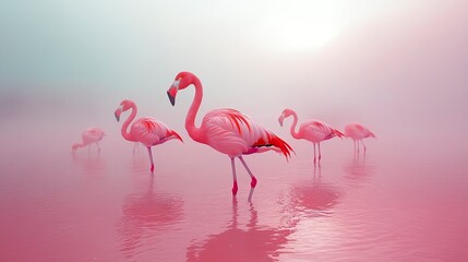 Obraz premium A dynamic image of a group of flamingos standing on one leg in a shallow, pink-hued lagoon. The flamingosâ€™ vibrant plumage and graceful poses are captured against the backdrop of the tranquil water