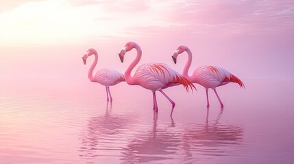 A dynamic image of a group of flamingos standing on one leg in a shallow, pink-hued lagoon. The flamingosâ€™ vibrant plumage and graceful poses are captured against the backdrop of the tranquil water