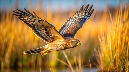 Fototapeta premium Close-up of Northern Harrier flying over a marsh land searching for prey