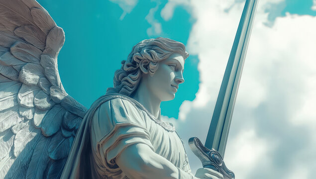 Majestic archangel statue holding sword against bright sky, symbolizing strength and protection. intricate details of wings and serene expression evoke sense of peace and power