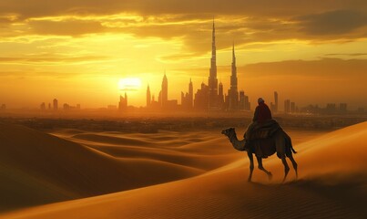 A camel and rider traverse a desert with a city