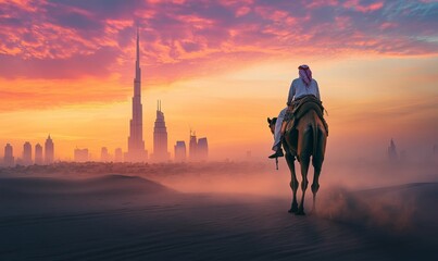 Man riding camel in desert towards Dubai skyline at sunset.