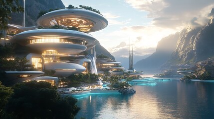 A futuristic city skyline with tall buildings, a winding river, and a bridge connecting different parts of the metropolis.