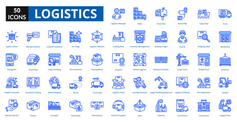 logistics blue icon set collection. truck, warehouse, container, forklift, supply chain, logistics manager, pallet, Parcel Box, route map, cargo ship
