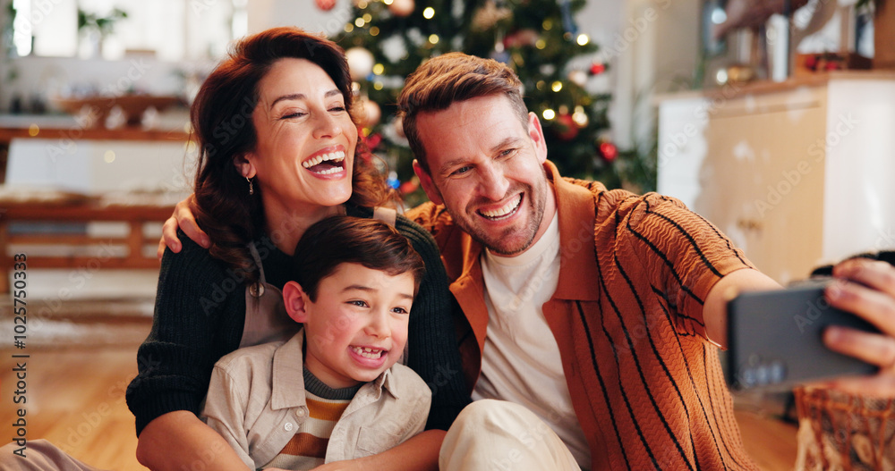 Poster Family, smile and selfie in home for Christmas, celebration and social media with holiday and hug. Parents, boy and happy people in living room for memory, profile picture and vacation with embrace