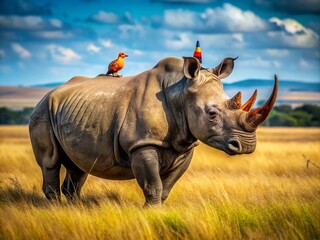 Obraz premium Majestic Rhino with a Colorful Bird Perched on Its Back in a Natural Savanna Setting