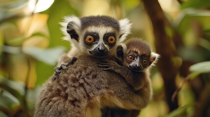 Obraz premium A charming photograph of a young lemur clinging to its mother back in a lush Madagascan forest. The lemurâ€™s playful behavior and the rich, green foliage create a heartwarming and endearing scene.