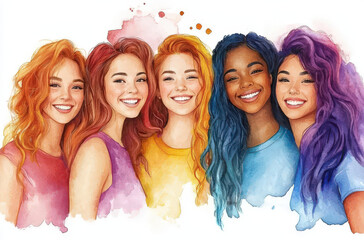 Colorful watercolor portrait of five happy women with vibrant hair colors, showcasing joy and friendship. Their expressions radiate positivity and warmth