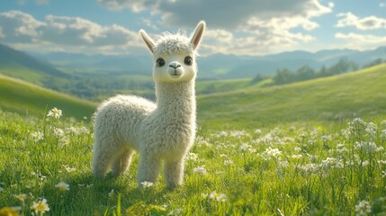 Fototapeta premium A charming image of a fluffy baby llama playfully exploring a sunlit meadow. The llama soft fur and curious behavior are highlighted against the backdrop of rolling green hills and a clear blue sky.