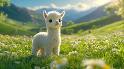 A charming image of a fluffy baby llama playfully exploring a sunlit meadow. The llama soft fur and curious behavior are highlighted against the backdrop of rolling green hills and a clear blue sky.