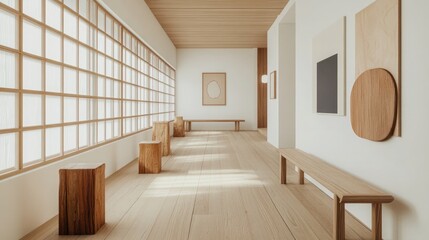 Obraz premium A serene Japandi hallway with smooth wooden floors