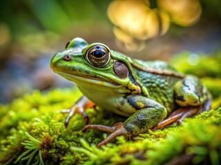 Obraz premium This minimalist photo reveals a green frog perfectly blending into its surroundings, highlighting the subtle colors and intricate details of natureâ€™s camouflage artistry.