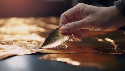 Gold leaf gently applied to a surface by hand, showing craftsmanship and care, gold leafing,