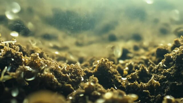 The camera zooms in on microscopic bacteria breaking down organic matter in soil, with natural lighting highlighting their subtle movements. This visual emphasizes the bacteria's vital role in