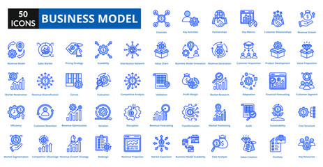 business model icon set collection. Revenue Stream, Value Proposition, Customer Segment, Cost Structure, Key Resources, Channels, Key Activities, Partnerships, Key Metrics, Customer Relationships
