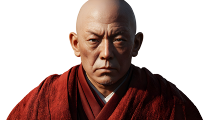 Serene Tibetan bald monk portrait with intricate details, showcasing calm expression against white background. image captures essence of tranquility and wisdom