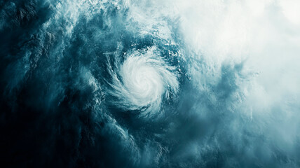 Fototapeta premium Dramatic aerial view of a swirling cyclone or hurricane storm cloud formation, dark and powerful atmospheric vortex isolated on a white and blue sky background.