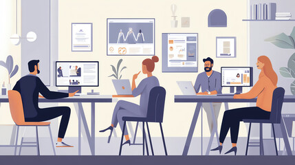 A group of business professionals in a virtual meeting, working remotely due to the spread of a contagious disease