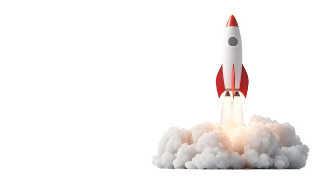 Vibrant cartoon rocket taking off in dynamic motion, surrounded by clouds of smoke, symbolizes adventure and exploration