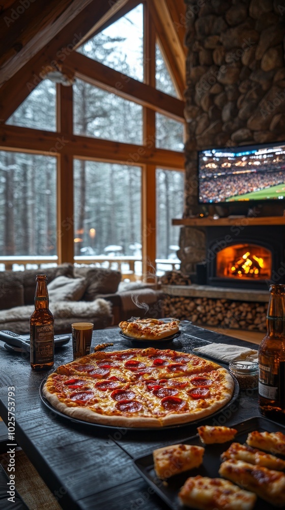 Poster a pizza is on a table in front of a fireplace