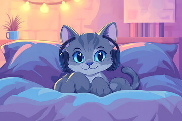 A cute cat wearing headphones, relaxing on a cozy bed with soft lighting in the background.