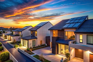 Fototapeta premium Under a tranquil evening sky, modern solar roof homes radiate sustainability and elegance, offering a unique retreat that harmonizes eco-friendliness with serene architectural design.