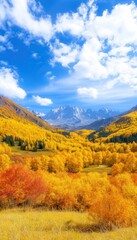 Autumn trees in foreground with mountains in the background