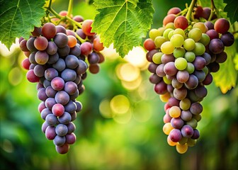 Vibrant green leaves cradle plump, ripe grapes hanging from the vine, a striking testament to nature&acirc;&euro;&trade;s generosity and the sweet rewards of a bountiful harvest.