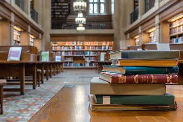 Books in a public library, reading and learning