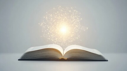 A glowing light floats from an open book, representing the future of technology in education, on a simple white backdrop.