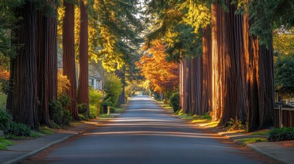 Obraz premium A tree-lined street bathed in golden light during sunset.