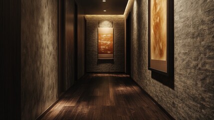 Fototapeta premium A sophisticated hallway with dark wood flooring and soft