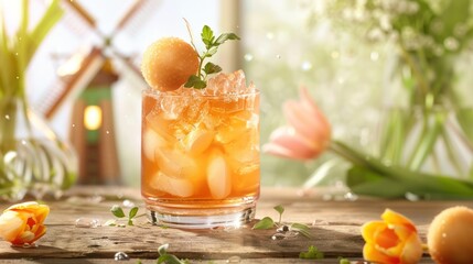 Fototapeta premium Iced Tea with a Peach Garnish on a Wooden Table