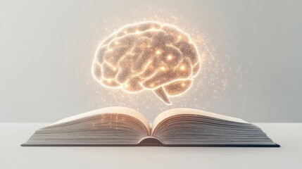 AI-generated glowing brain floats from an open book, representing education and technological innovation, set against a simple white background.
