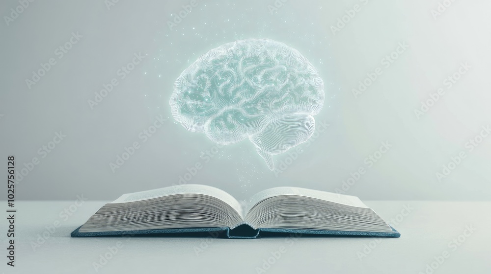 Poster an open book with a glowing human brain created by ai floating upwards, symbolizing innovation in le