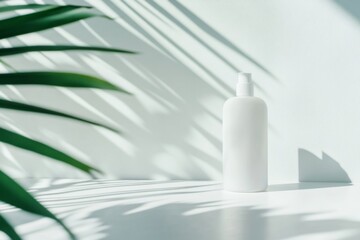 mockup of white bottle shampoo or body lotion on white background with shadows and plant leaf