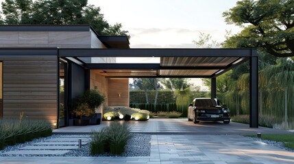 Fototapeta premium Modern House with Black Car Under Pergola and Stone Patio