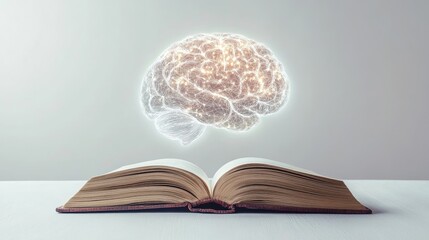 An open book with a glowing human brain created by AI floating upwards, symbolizing innovation in learning and technology on a simple white backdrop.