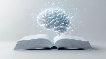 An open book with a glowing human brain created by AI floating upwards, symbolizing innovation in learning and technology on a simple white backdrop.