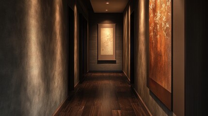 Obraz premium A sophisticated hallway with dark wood flooring and soft