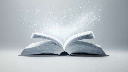 Futuristic book with soft light floating from it, representing advanced learning and technology, isolated on a minimal white backdrop.