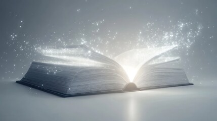Fototapeta premium Futuristic book with soft light floating from it, representing advanced learning and technology, isolated on a minimal white backdrop.